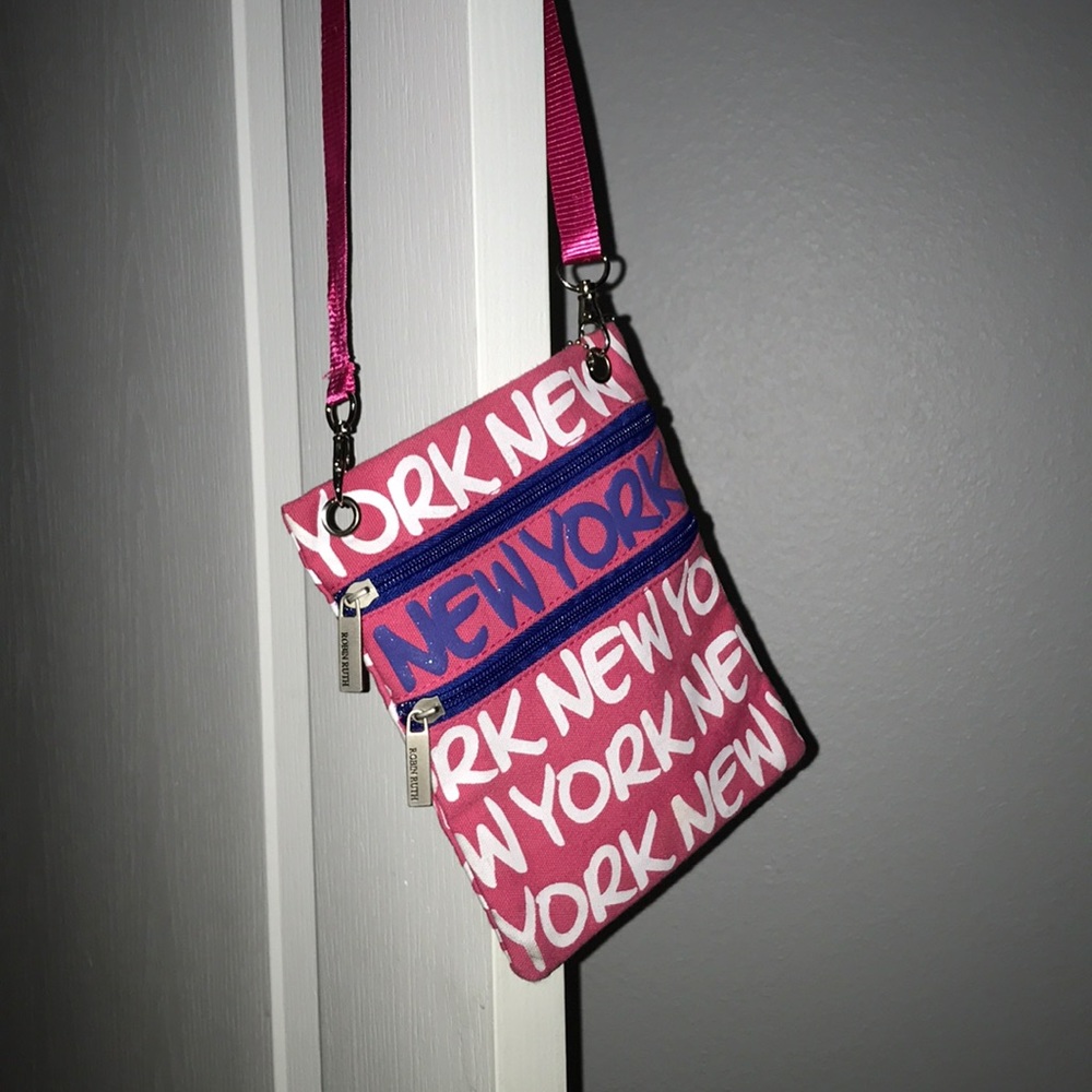 Pink white and blue New York bag